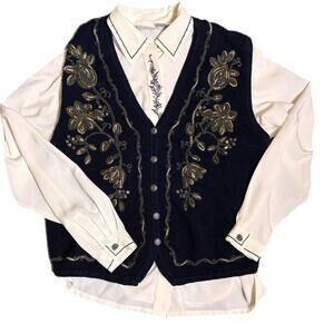 Vintage 2 piece Koret navy blue floral embroidered carrdi and blouse (m)